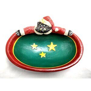 Kurt S Adler Oval Bowl Santa Cat Vintage Candy Dish Distressed Decor